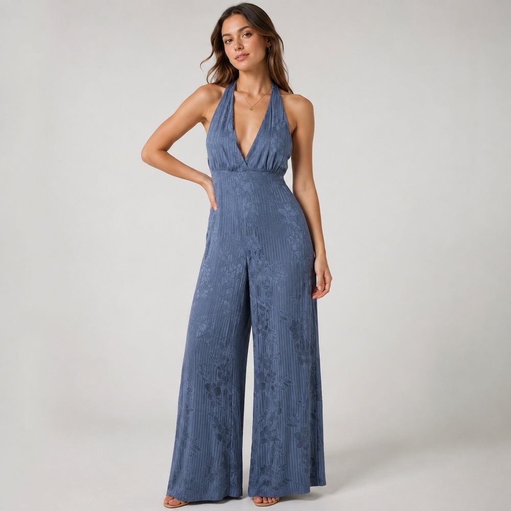 Forever 21 Contemporary XS Halter Wide Leg Jumpsuit Blue Floral Jacquard Viscose